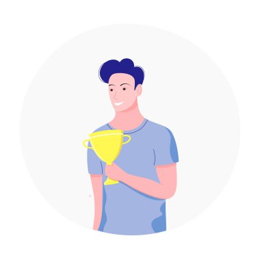 Başarı konsepti. Kazanan kupayı tutan genç adam..