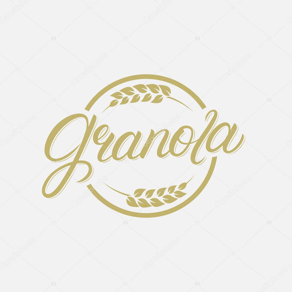 Granola hand written lettering logo, label, badge, sign, emblem template design with ears. Template for healthy eating, breakfast, natural food shop, sticker. Vintage retro style. Vector illustration