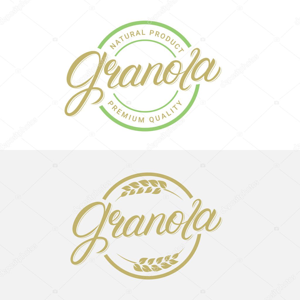 Granola hand written lettering logo, label, badge, sign, emblem set. Templates for healthy eating, breakfast, natural food shop, sticker. Vintage retro style. Vector illustration