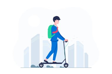 Genç iş adamı elektrikli scooter kullanıyor..