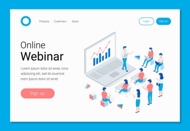 Çevrimiçi webinar, eğitim, e-öğrenim izometrik kavram.