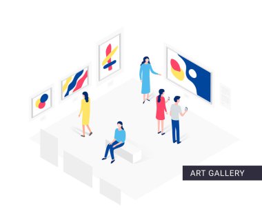 Sanat galerisi izometrik konsepti olan insanlar