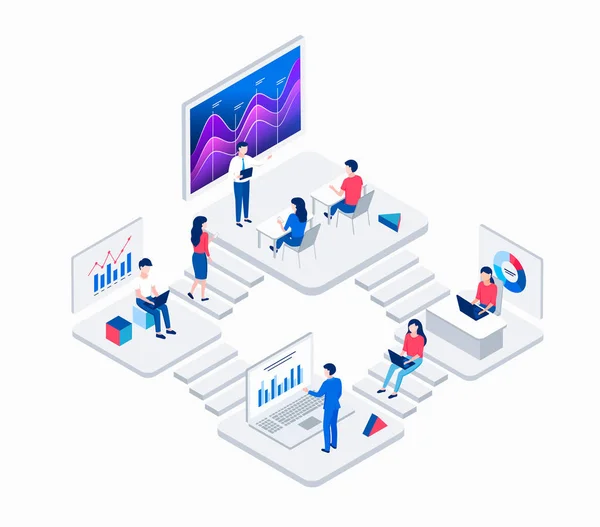 Análisis de datos, gráficos y gráficos concepto isométrico . — Vector de stock