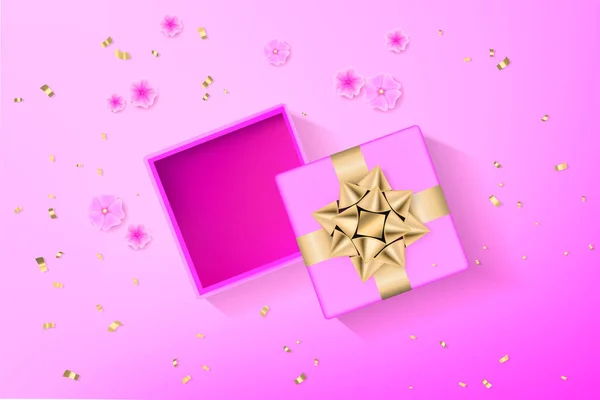 Pink gift box with glittering golden bow — Stok Vektör