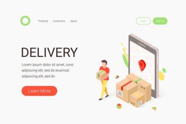 Ücretsiz, Ekspres, Ev, Hızlı teslimat, Nakliye. Düz 3d vektör izometrik illüstrasyon.