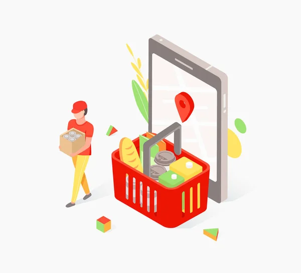 Essenslieferung, Online-Lebensmitteleinkaufskonzept — Stockvektor