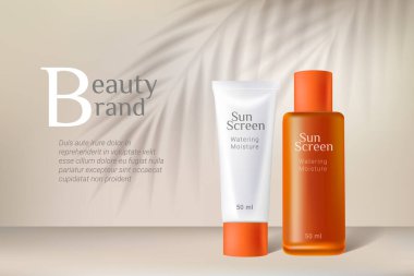 Kozmetik güneş kremi şişeleri. Premium reklamları.