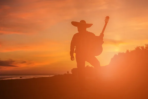 Musicista sulla costa. Silhouette al tramonto . — Foto Stock