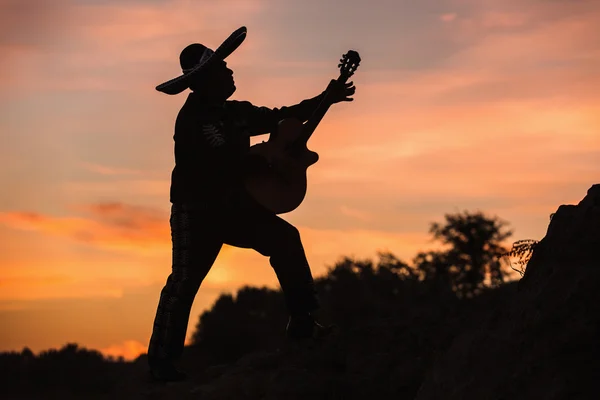 Musicien sur la côte. Silhouette au coucher du soleil . — Photo