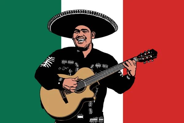 Mexický hudebník na pozadí vlajky — Stockový vektor