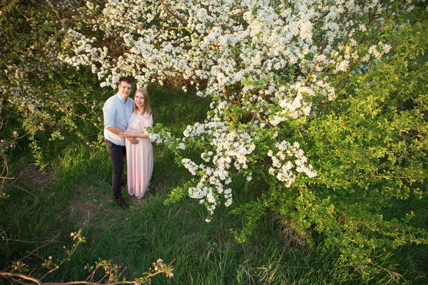 Jovem casal grávida em um parque de primavera — Fotografia de Stock