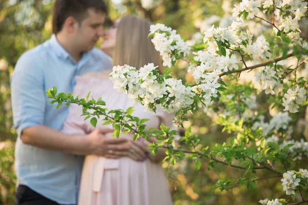 Unga gravida par i en spring park — Stockfoto