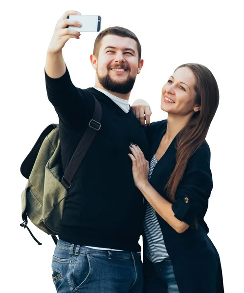 Viajantes fazem selfie no telefone — Fotografia de Stock