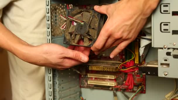 Serviceman sosteniendo refrigerador de computadora — Vídeos de Stock