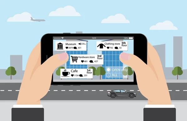 Bővített valóság a marketing. Telefon a kezében a képernyőn információk útmutató bevásárló- és szórakoztató helyek valós időben. — Stock Vector