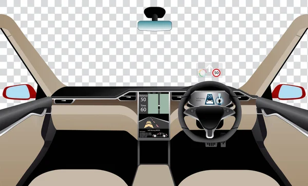 Interior del coche autónomo con navegación, pantallas principales y principales . — Archivo Imágenes Vectoriales