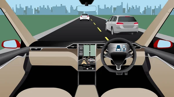 Voiture autonome sans conducteur sur une route. Vue intérieure . — Image vectorielle