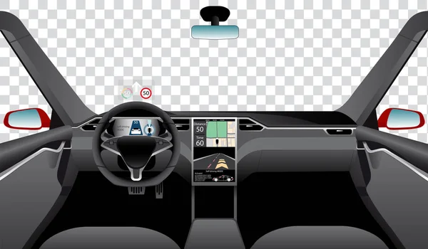 Innenraum des selbstfahrenden Autos mit Navigation, Haupt- und Head-Up-Displays. — Stockvektor