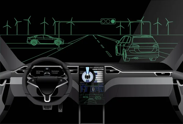 Auto conduciendo en una carretera. Inteligencia artificial del vehículo . — Vector de stock