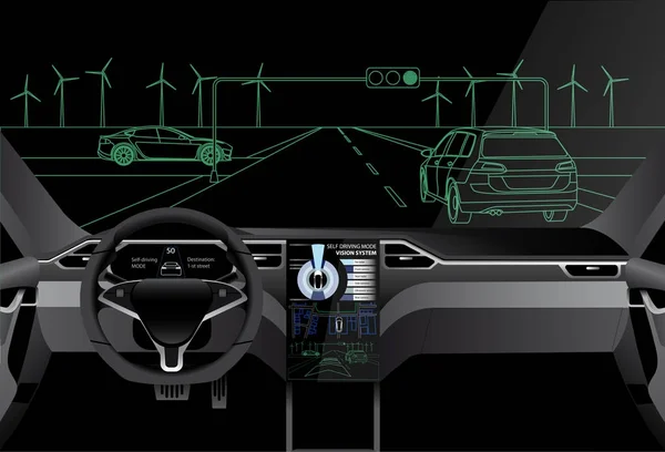 Auto condução de carro em uma estrada. Inteligência artificial do veículo . — Vetor de Stock