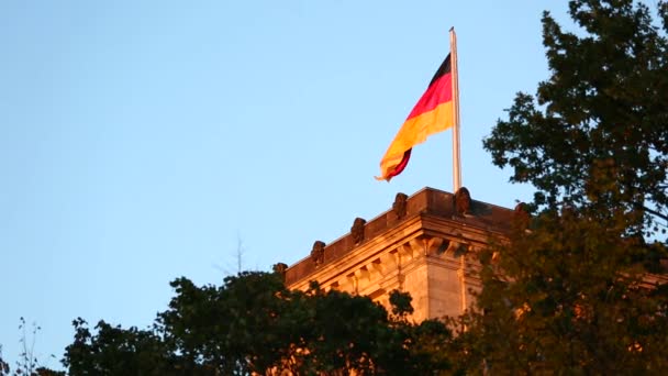 Reichstag çatısı Alman bayrağı ile bayrak direği — Stok video