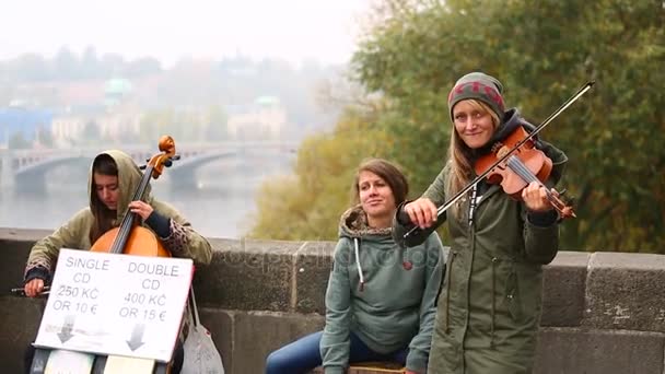 Musiker musizieren auf der Karlsbrücke — Stockvideo