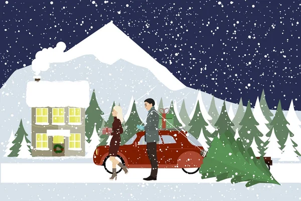 Femme et un homme vont avec des cadeaux dans une maison de campagne . — Image vectorielle