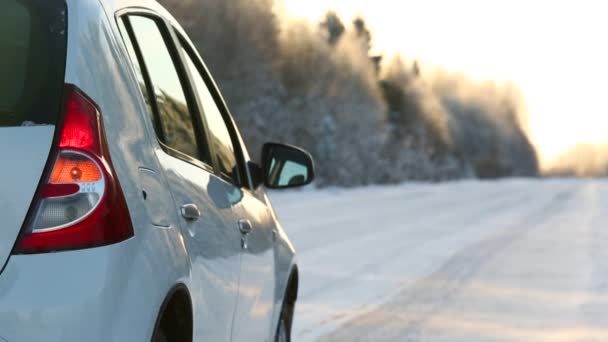 Auto Auf Der Winterlichen Straße Nahaufnahme Eines Rücklichts Blaulicht Alarm — Stockvideo