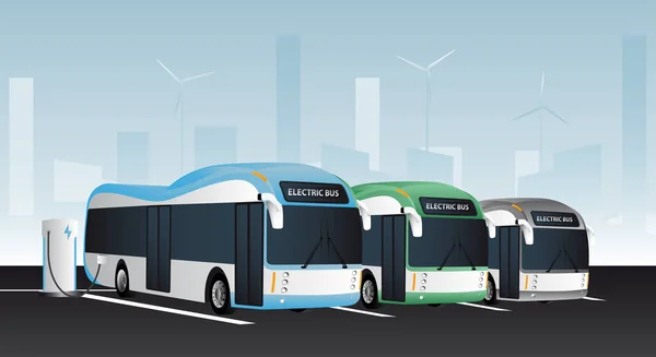 Ônibus elétricos em uma linha — Vetor de Stock