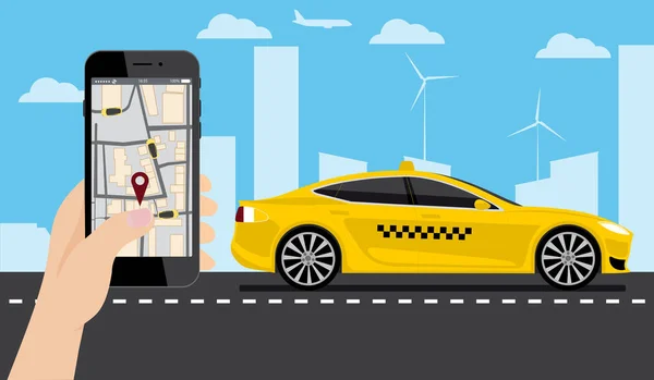 Telefon kézzel. A a berendezés képernyő alkalmazás részére egy taxi rendelés. — Stock Vector