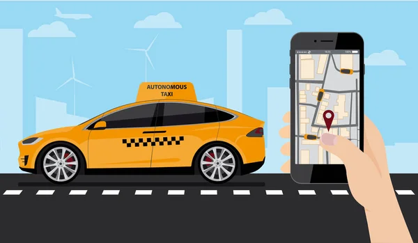 Hand met telefoon. Op de toepassing van het scherm van het apparaat voor het bestellen van een taxi. — Stockvector