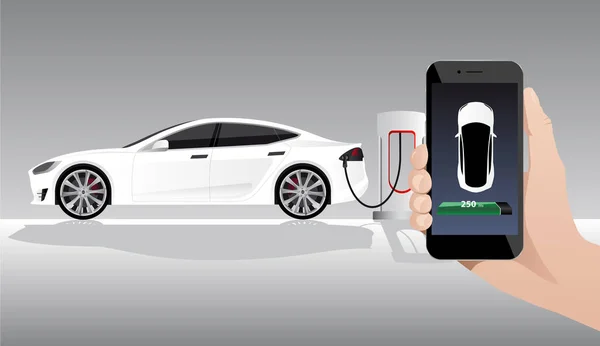 Hand met telefoon op de achtergrond van een elektrische auto opladen punt. — Stockvector