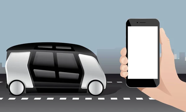 Controle de ônibus de auto-condução por aplicativo móvel . —  Vetores de Stock