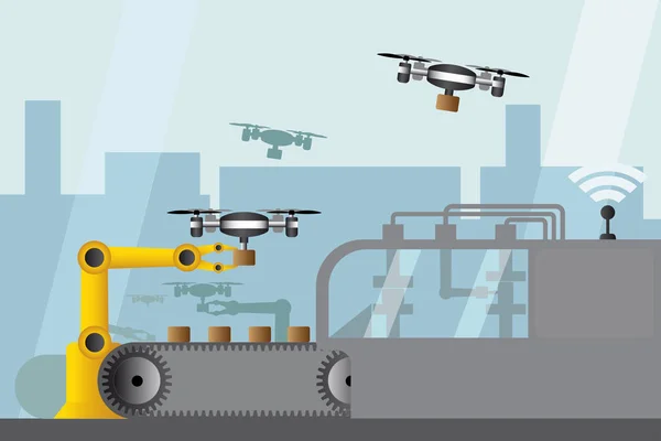 Armazém Fábrica Digital Moderno Com Braços Robóticos Drones Entrega Produção —  Vetores de Stock