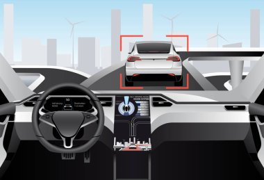 Self driving car on a road. Inside view.  clipart