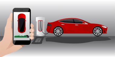 Hand with phone on a background of electric car charging point. On a divice screen indicator of power reserve. Vector illustration clipart