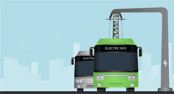 Green electric bus at a stop is charged by pantograph — Stock Vector