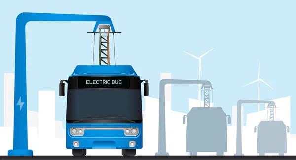 Blue electric bus at a stop is charged by pantograph. — Stock Vector