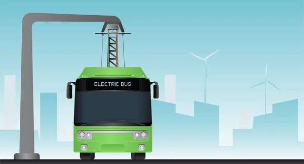 Green electric bus at a stop is charged by pantograph — Stock Vector