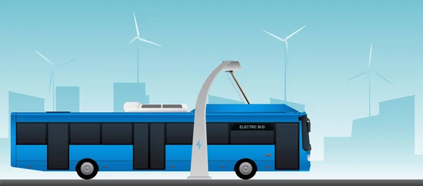 Blauwe elektrische bus aan een halte wordt verrekend per stroomafnemer. — Stockvector