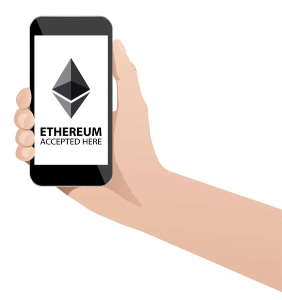 Mano con teléfono con inscripción "Ethereum aceptado aquí " — Archivo Imágenes Vectoriales