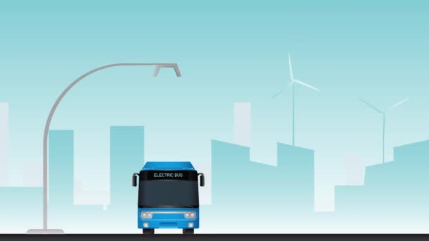青い電気バスは 充電ステーションまでドライブし 充電のためパンタグラフをプッシュします のアニメーション — ストック動画
