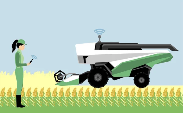 Uma agricultora controla uma colheitadeira-debulhadora autónoma . — Vetor de Stock