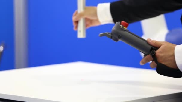 Closeup Male Engineer Demonstrating Work Robot Collaborator — Stock Video