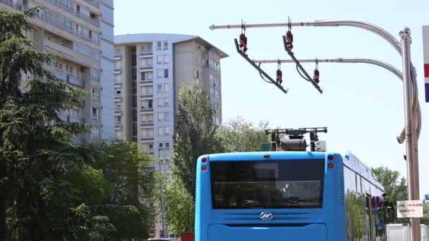 Belgrade Servië Mei 2018 Elektrische Bus Aan Halte Overdag Moderne — Stockvideo