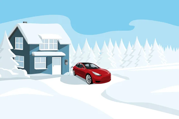 Voiture Électrique Avec Câble Charge Connecté Près Une Maison Hiver — Image vectorielle