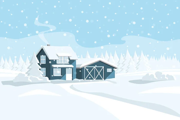 Wooden House Snowy Forest Winter Wonderland Vector Banner Template — Stock Vector