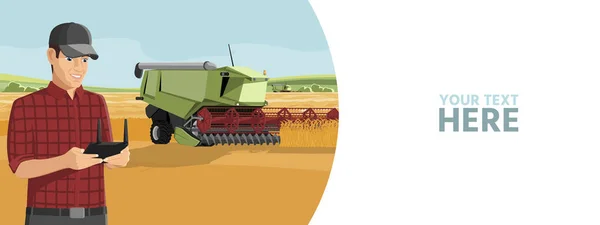 Agricoltore Controlla Una Mietitrice Autonoma Una Fattoria Intelligente Modello Banner — Vettoriale Stock