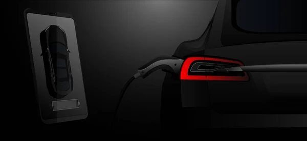暗闇の中で電気自動車を充電する背景に携帯電話 パワーリザーブのデバイス画面表示で ベクターイラスト — ストックベクタ