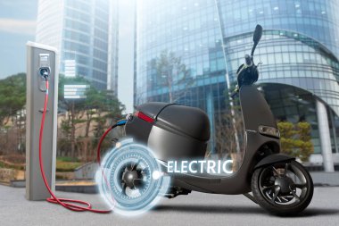 Electric scooter for sharing with charging station on a city street clipart